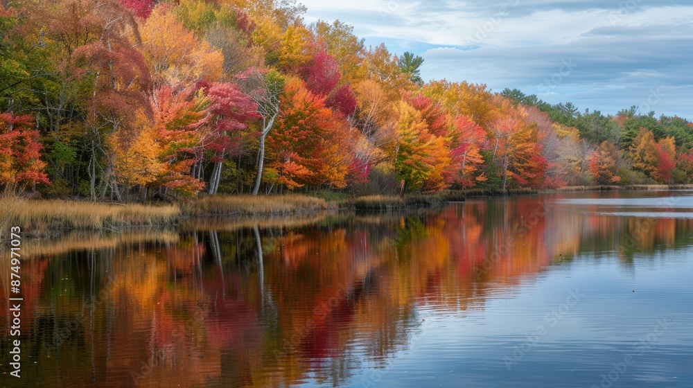 Estuary during a vibrant autumn season, with colorful trees lining the banks reflected in the water. Estuary during a vibrant autumn season, with colorful trees lining the banks reflected in the water.