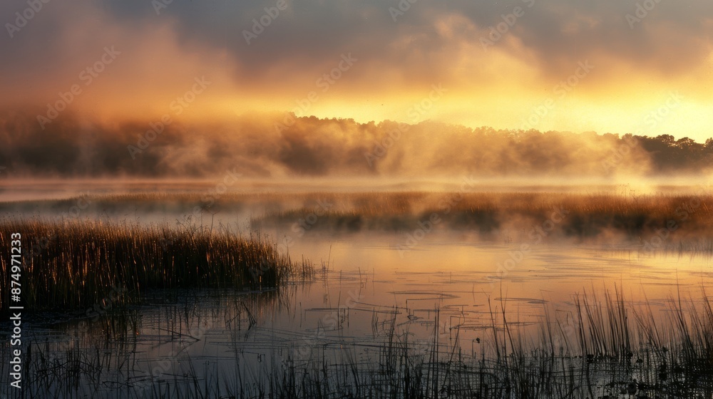 Fog rolling through a marsh at sunrise, creating an ethereal and mystical atmosphere. Fog rolling through a marsh at sunrise, creating an ethereal and mystical atmosphere.