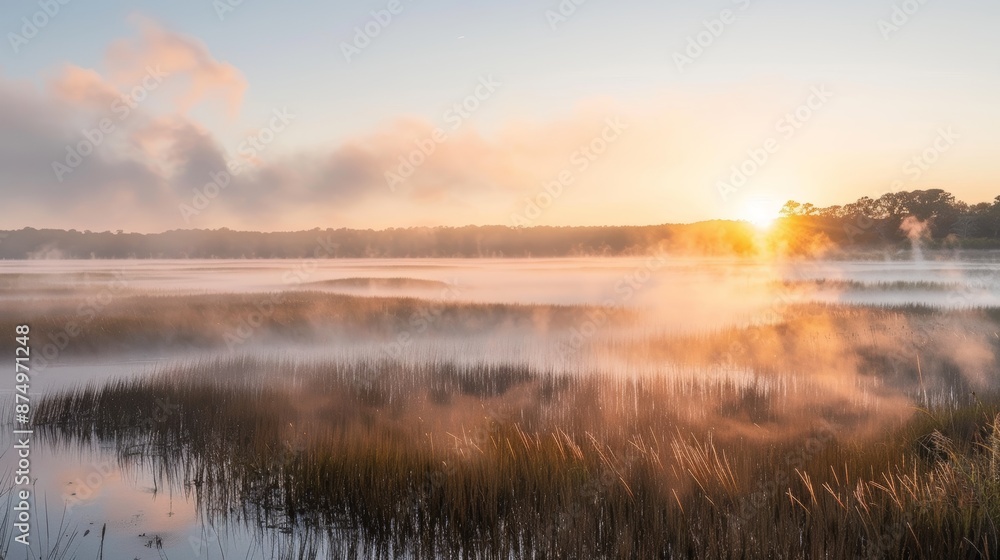 Fog rolling through a marsh at sunrise, creating an ethereal and mystical atmosphere. Fog rolling through a marsh at sunrise, creating an ethereal and mystical atmosphere.
