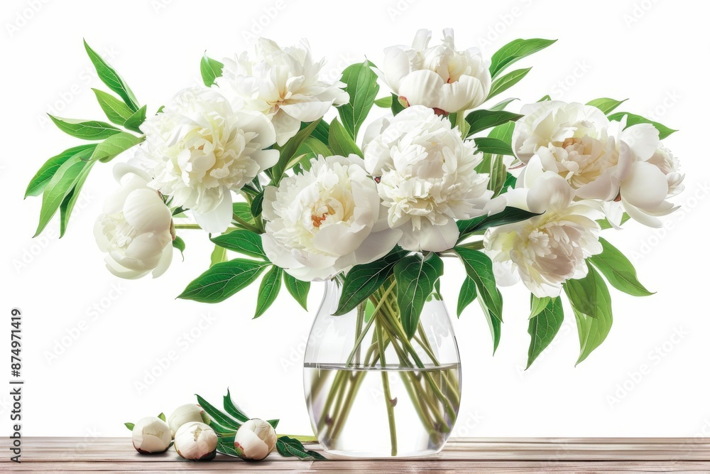 A bouquet of white peonies arranged in a glass vase on a wooden table Illustration On a clear white background --ar 3:2 --style raw Job ID: 3a58d8cc-7cc1-421c-9780-a2ac3de6ee4e A bouquet of white peonies arranged in a glass vase on a wooden table Illustration On a clear white background --ar 3:2 --style raw Job ID: 3a58d8cc-7cc1-421c-9780-a2ac3de6ee4e