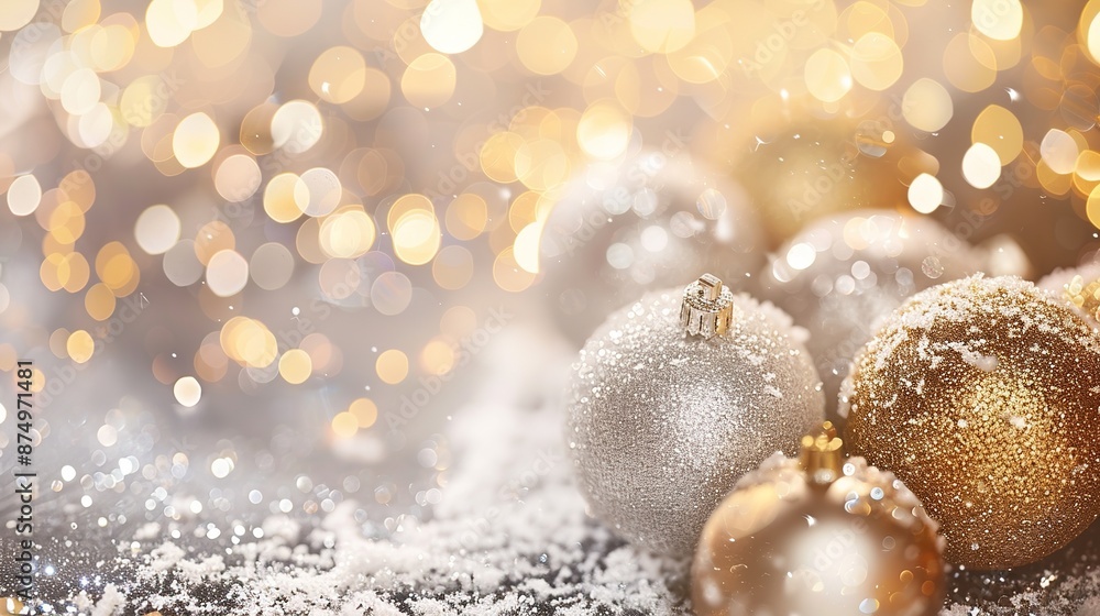Festive Baubles with Snow and Bokeh: Premium Gold and Silver Christmas Background Festive Baubles with Snow and Bokeh: Premium Gold and Silver Christmas Background