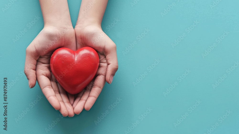 a pair of hands holding a red heart. a pair of hands holding a red heart.