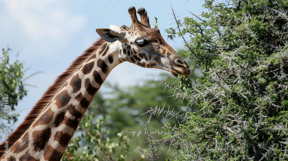 Obraz premium Giraffe reaching high for leaves on an acacia tree, its long neck stretching gracefully.