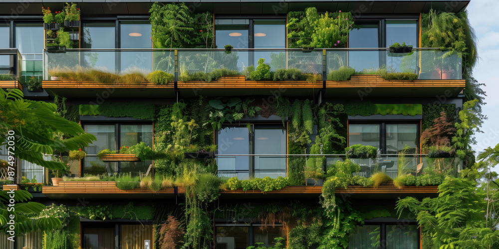 A sustainable apartment building development with a wall-mounted garden. A sustainable apartment building development with a wall-mounted garden.