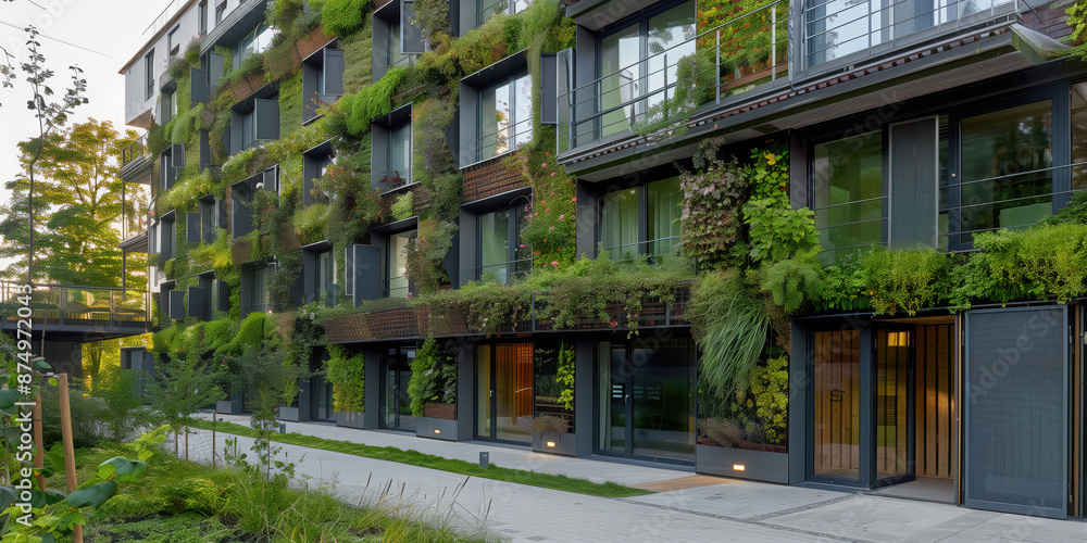 A sustainable apartment building development with a wall-mounted garden. A sustainable apartment building development with a wall-mounted garden.