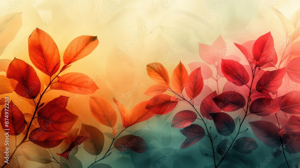 custom made wallpaper toronto digitalA beautiful image of autumn leaves in a variety of colors, including red, orange, yellow, and green. The leaves are set against a soft, blurred background in shades of pink and green.
