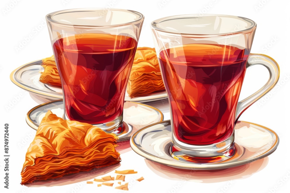 A refreshing glass of Turkish tea served in traditional tulip-shaped glasses with a plate of baklava in the background. A refreshing glass of Turkish tea served in traditional tulip-shaped glasses with a plate of baklava in the background.