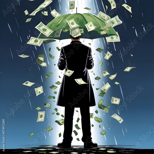 Financial Rain:  A businessman finds shelter from a downpour of money under his trusty green umbrella in this evocative illustration about wealth, prosperity, and financial security. 