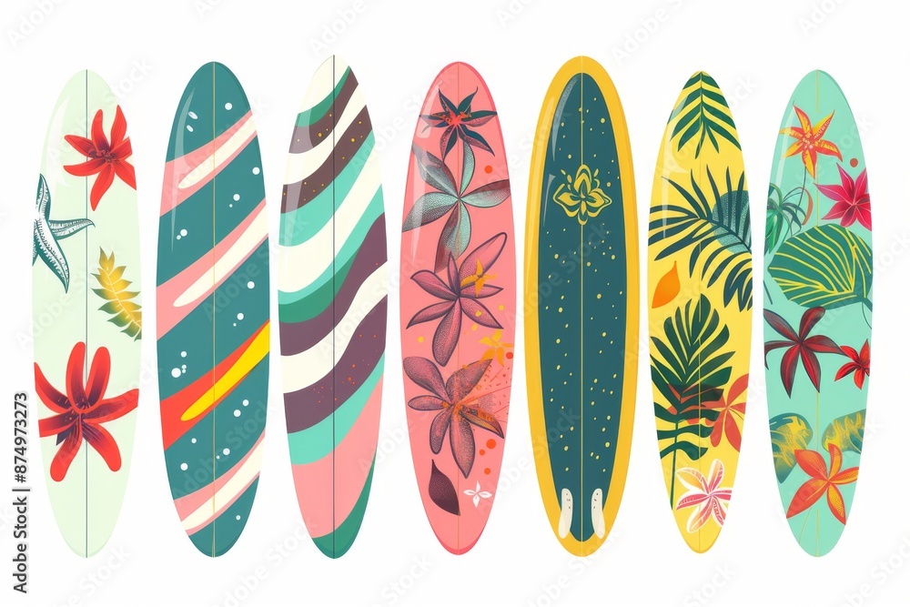 A colorful collection of surfing board elements in a fun summer pattern design, isolated on a white background. Perfect for summer-themed designs and illustrations. A colorful collection of surfing board elements in a fun summer pattern design, isolated on a white background. Perfect for summer-themed designs and illustrations.