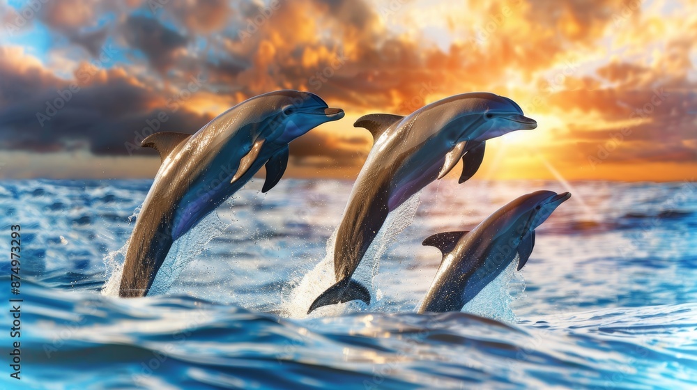 Obraz premium Playful dolphins leaping out of the water, creating a splash against the backdrop of a tropical sunset.