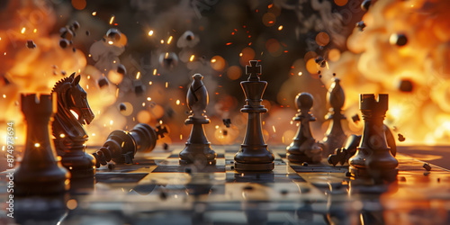 Chess pieces on the chessboard engaged in an epic battle