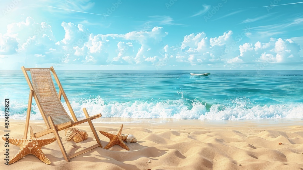 Beach vacation landing page design,summer theme, beach chair, surfboard, starfish on white sandy shore, blue ocean horizon,blue sea landscape for travel banner concept,space for text. Beach vacation landing page design,summer theme, beach chair, surfboard, starfish on white sandy shore, blue ocean horizon,blue sea landscape for travel banner concept,space for text.