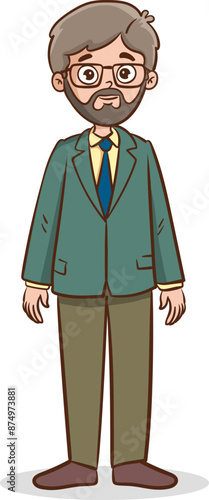 bearded male character in suit standing.