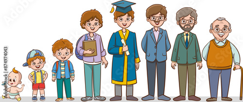 Male life cycle flat vector illustration. Male human aging stages, man growth stages set. Child growing up from little kid to old cartoon character. Infancy, childhood, adulthood and old age.
