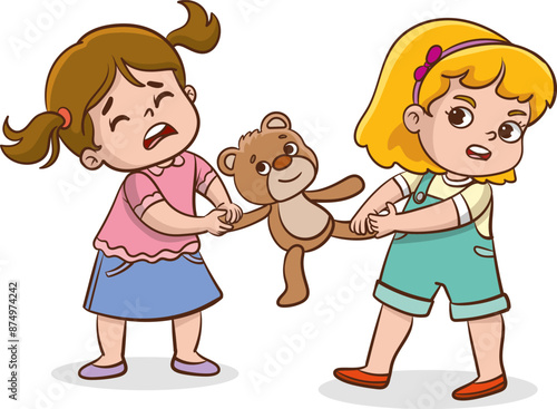 Vector illustration cartoon of two little girls fighting over a teddy bear. The conflict between children.