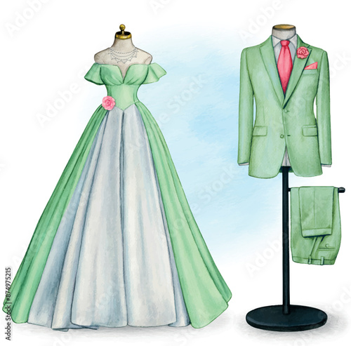 Watercolor hand drawn bride and groom outfits