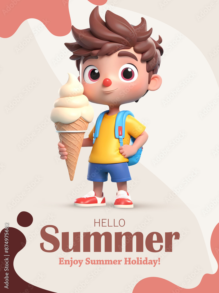 Hello summer poster with 3d little boy cartoon character holding ice cream cone Hello summer poster with 3d little boy cartoon character holding ice cream cone