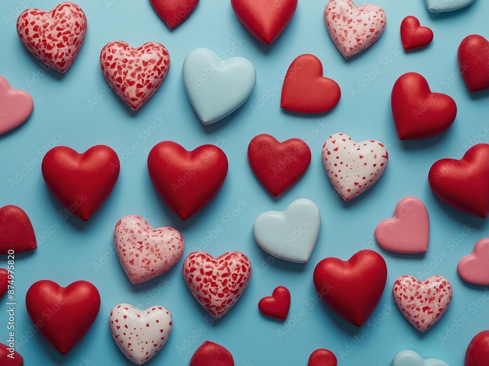 Happy Valentine's Day concept Red hearts shaped decoration on pastel blue background Flat lay, top view, copy space Valentines Day banner design, header template. Happy Valentine's Day concept Red hearts shaped decoration on pastel blue background Flat lay, top view, copy space Valentines Day banner design, header template.