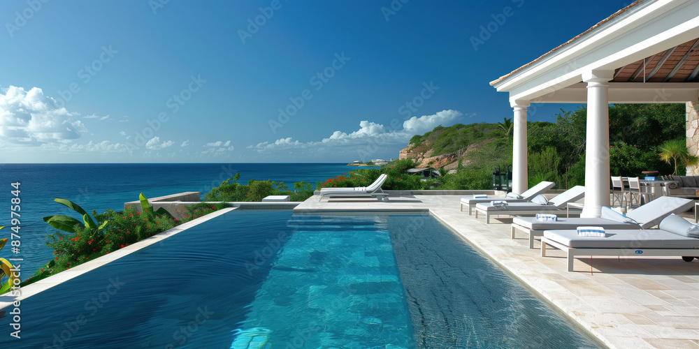 Fototapeta premium Looking out to the Caribbean from a beautiful pool side villa