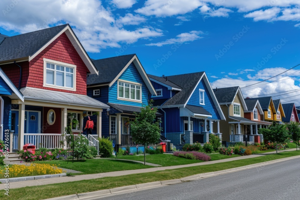Suburban Houses. Colorful Residential Homes in a Village on Sunny Blue Street Suburban Houses. Colorful Residential Homes in a Village on Sunny Blue Street