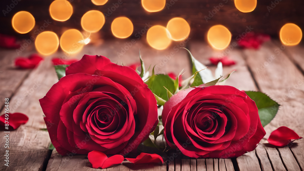 wooden background with roses and petals with empty space for greeting message. Love and greeting concept design. AI generated image, ai wooden background with roses and petals with empty space for greeting message. Love and greeting concept design. AI generated image, ai