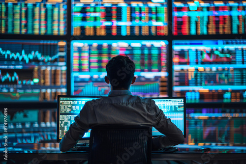 Man trading stock in front of computer. Generative AI.