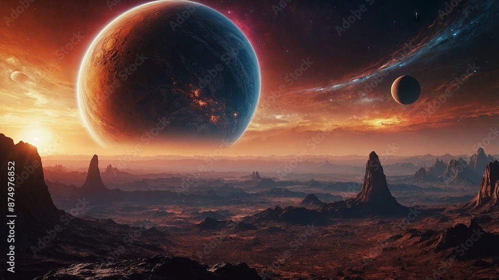 A breathtaking view of a distant planet with a vivid sunrise, showcasing the extraterrestrial beauty and vastness of space. A breathtaking view of a distant planet with a vivid sunrise, showcasing the extraterrestrial beauty and vastness of space.