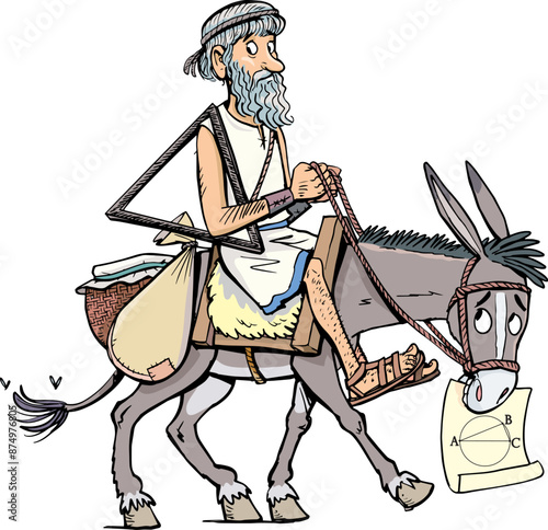 Greek mathematician Thales on a donkey holding his theorem on paper photo