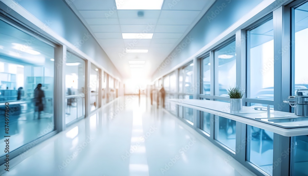 Fototapeta premium Empty, clean, and well-lit hospital hallway with blue walls, stainless steel tables, and blue vinyl chairs