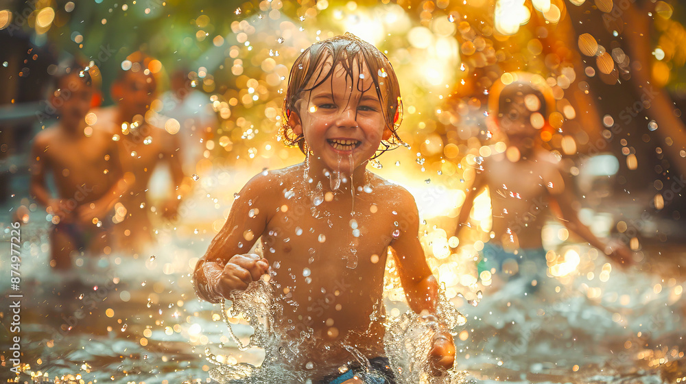 Happy boy splashing and playing in water with friends on summer day Happy boy splashing and playing in water with friends on summer day