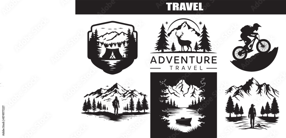 silhouette Travel set emblems. vector illustrations Design/collection of Summer camp badges. Concept for shirt or logo silhouette Travel set emblems. vector illustrations Design/collection of Summer camp badges. Concept for shirt or logo