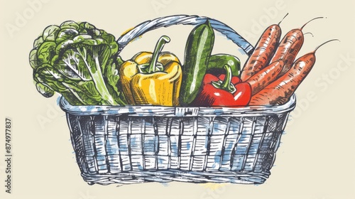 Illustration of fresh vegetables in shopping basket hand-drawn vector elements