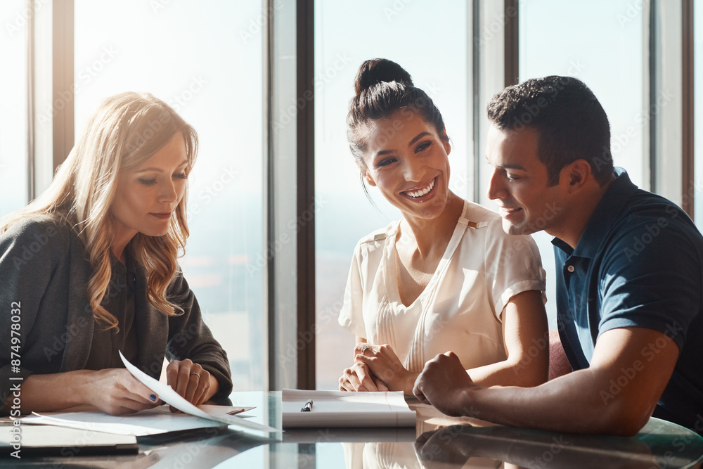Couple, paperwork and advice with investment advisor for financial planning, compliance and agreement. Office, consultant and married people with document for budgeting, saving and future goals Couple, paperwork and advice with investment advisor for financial planning, compliance and agreement. Office, consultant and married people with document for budgeting, saving and future goals