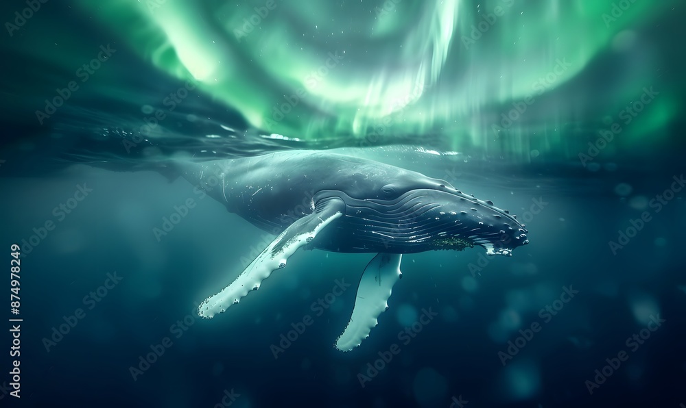 Fototapeta premium Humpback whale swimming under the ocean's green aurora, 
