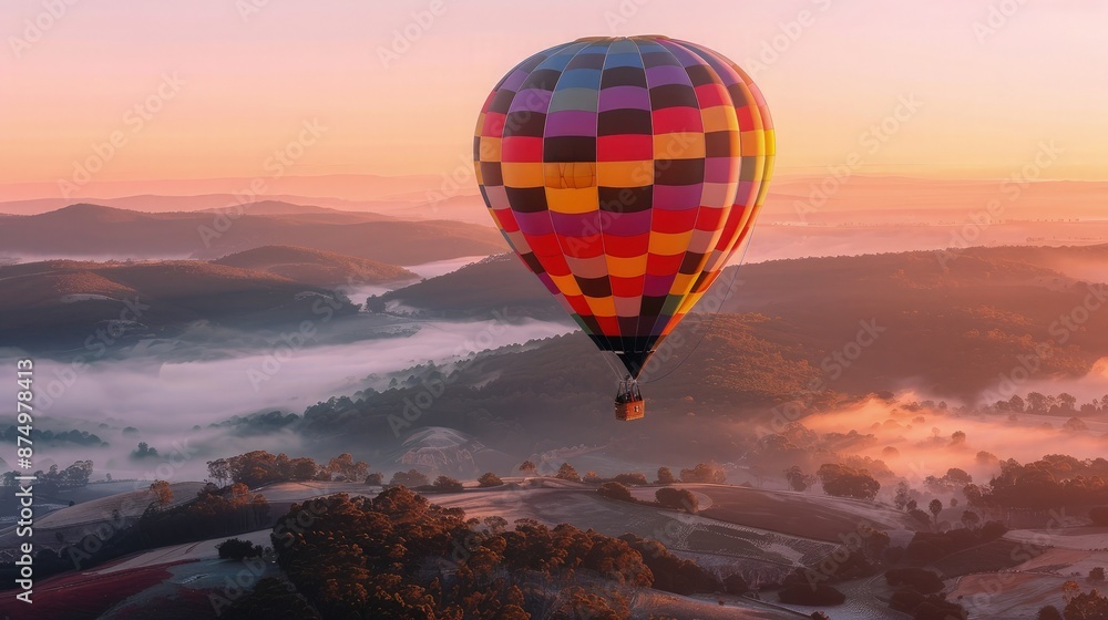 Obraz premium Colorful hot air balloon ascends over rolling hills shrouded in morning mist creating an inspiring travel banner for adventure marketing.