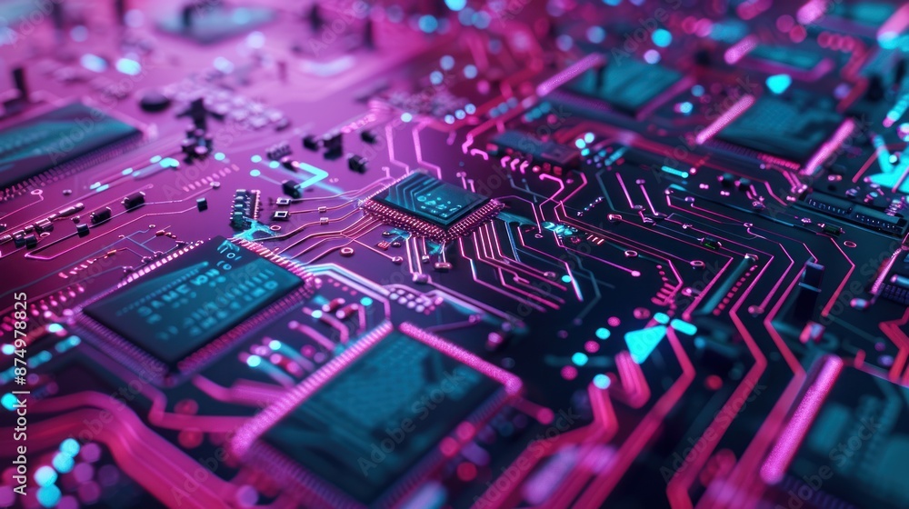 Abstract Technology Circuit Board with Glowing Neon Lights Abstract Technology Circuit Board with Glowing Neon Lights