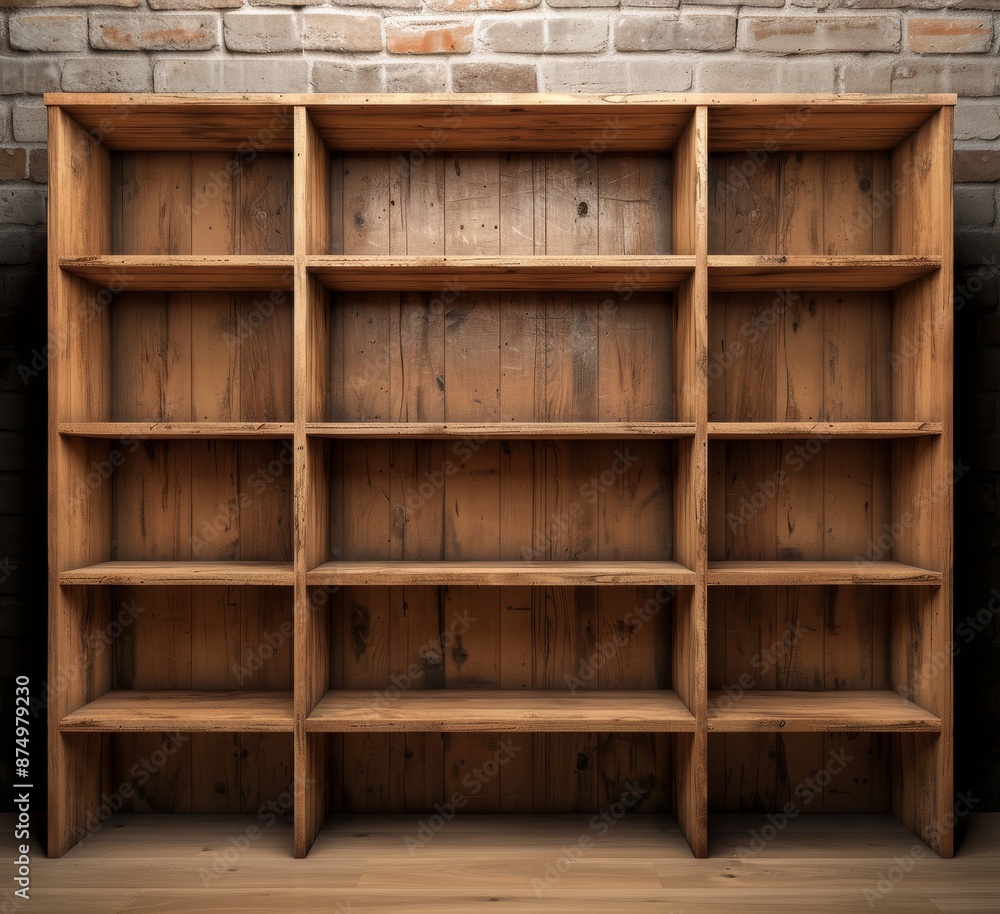 Empty wooden bookshelf with multiple compartments set against a brick wall background. Ideal for storage and decoration purposes. Empty wooden bookshelf with multiple compartments set against a brick wall background. Ideal for storage and decoration purposes.