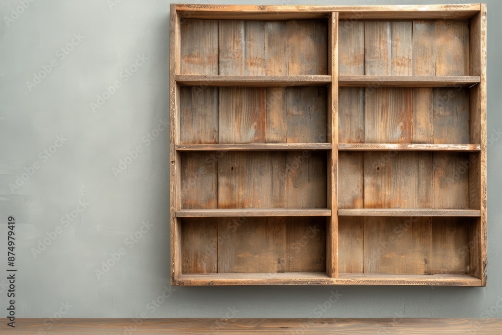 Empty wooden shelf against a gray wall, perfect for a rustic or farmhouse decor setting. Empty wooden shelf against a gray wall, perfect for a rustic or farmhouse decor setting.