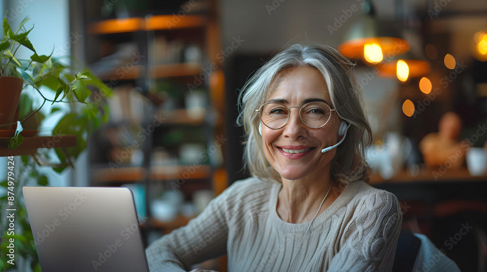 Smiling mature woman, wearing glasses and headset, working on a laptop in cozy, well lit office. She exudes professionalism and warmth, making her an approachable and friendly HR manager Smiling mature woman, wearing glasses and headset, working on a laptop in cozy, well lit office. She exudes professionalism and warmth, making her an approachable and friendly HR manager