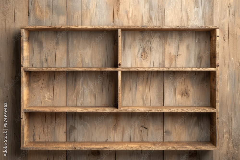Empty wooden shelf mounted on a rustic wooden wall, providing storage space with a natural, countryside aesthetic. Empty wooden shelf mounted on a rustic wooden wall, providing storage space with a natural, countryside aesthetic.