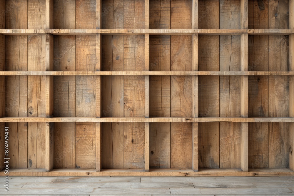 Empty wooden shelf unit with square compartments, perfect for storage or display. Rustic finish adds a vintage charm. Empty wooden shelf unit with square compartments, perfect for storage or display. Rustic finish adds a vintage charm.