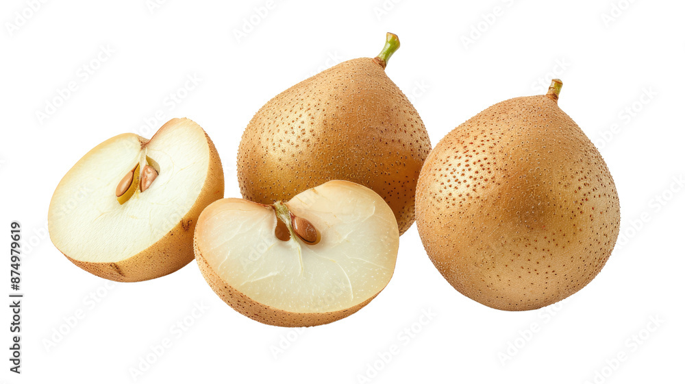 Fototapeta premium Juicy sapodillas isolated on white background, whole and sliced