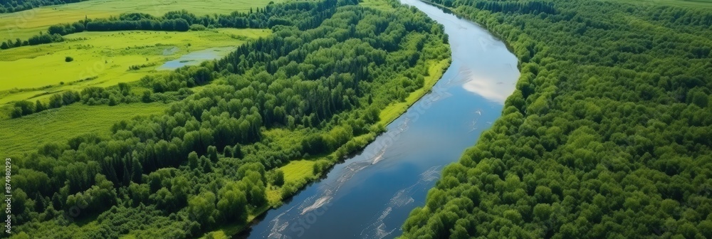 Scenic aerial view of a river flowing through a lush green forest Scenic aerial view of a river flowing through a lush green forest