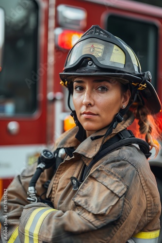 Firefighter, A determined woman in firefighting gear, Fire station background, woman, © Nica