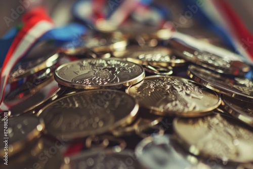 A detailed view of shiny Olympic medals hanging from a colorful ribbon, symbolizing excellence and achievement. The medals' intricate designs and textures are prominently displayed.