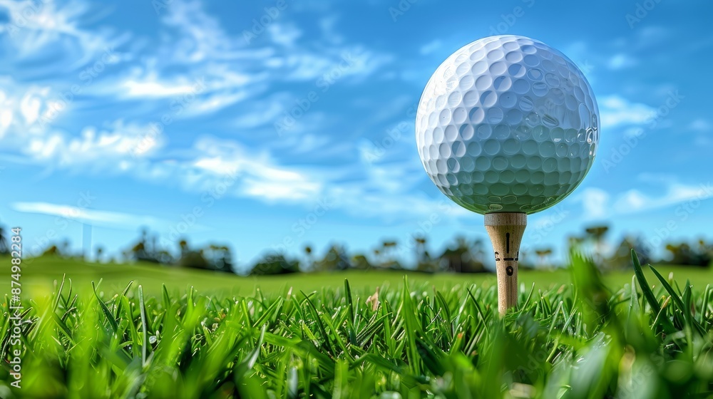 Golf Ball on Tee with Green Grass and Blue Sky Golf Ball on Tee with Green Grass and Blue Sky