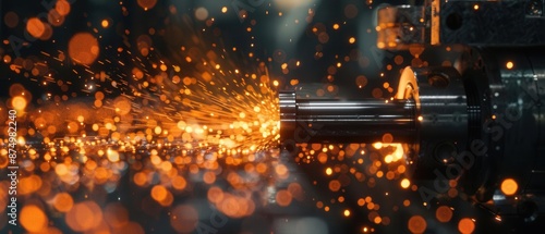Detailed view of stainlesssteel CNC machining, super realistic, factory environment, metal fabrication, bright sparks, advanced equipment, precise and efficient manufacturing