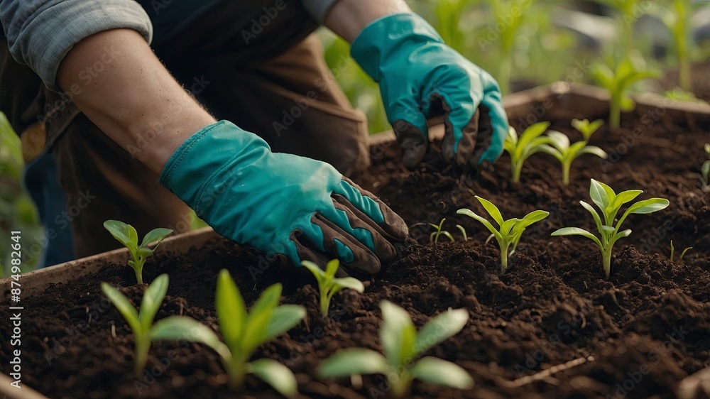 Fototapeta premium Close up of hands wearing working gloves planting young seedlings in soil, plants themes of eco friendly practices, natural living, reforestation, afforestation, and CO2 reduction.