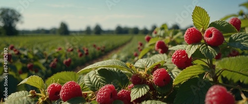 Fresh raspberries growing in a field, ideal for food and agriculture concepts. photo