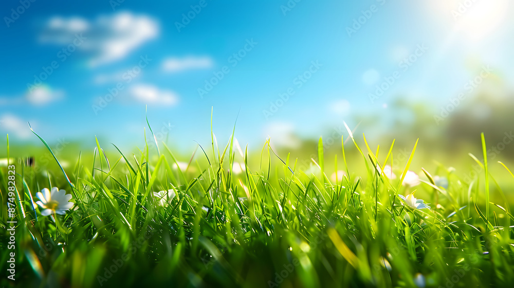 Fototapeta premium sunny spring meadow blur background blue sky to green grass gradient